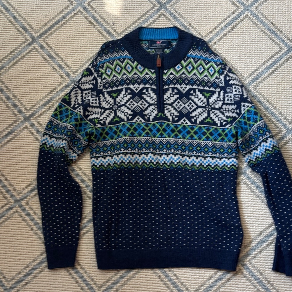 Vineyard Vines Navy and Green Patterned Zip-Up Sweater EUC Sz M (12-14)
